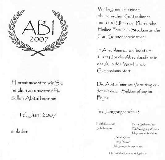 Einladung zur Abiturfeier 2007 